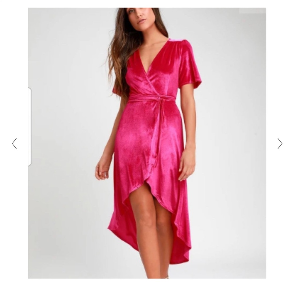 Hot pink velvet wrap dress